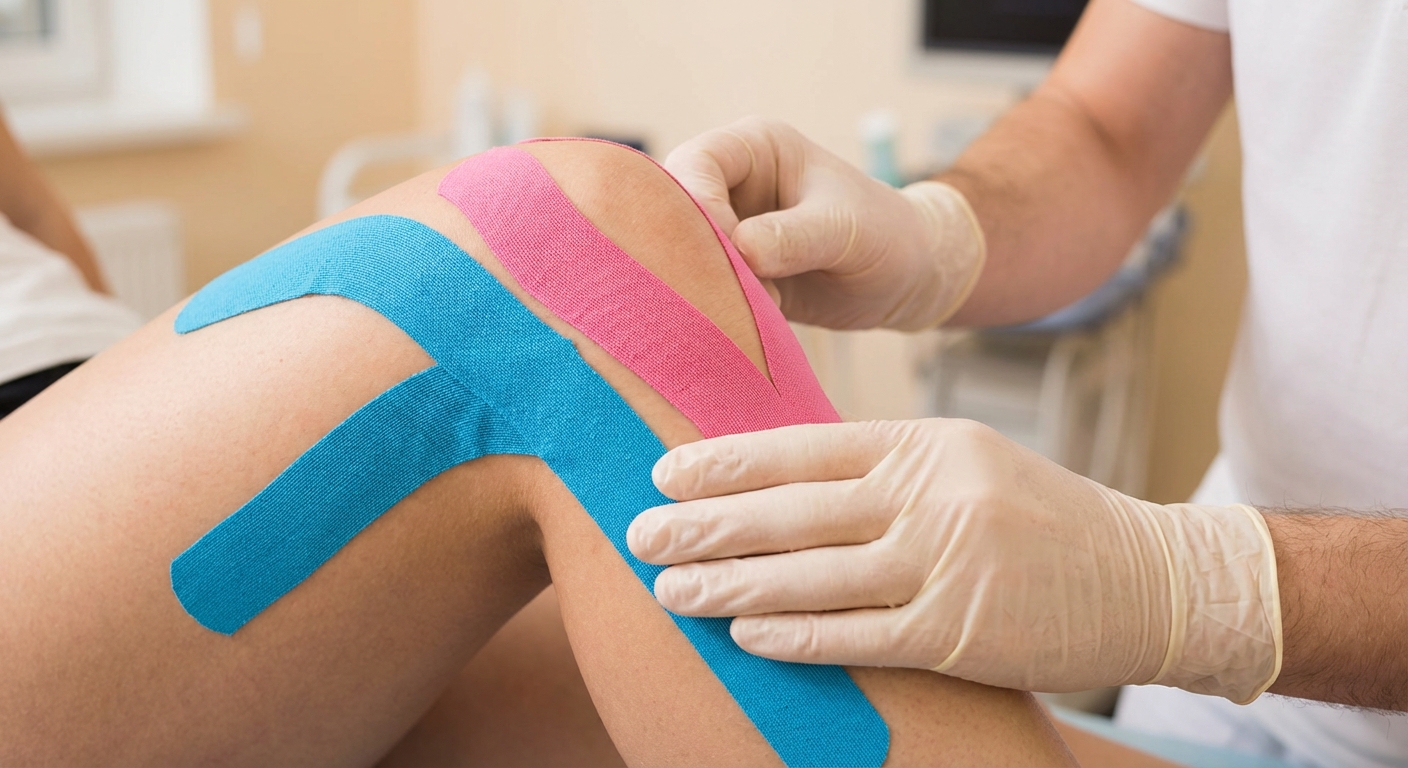 Lähivõte põlvest, millele füsioterapeut paigaldab sinist ja roosat kinesioteipi põlve stabiliseerimiseks