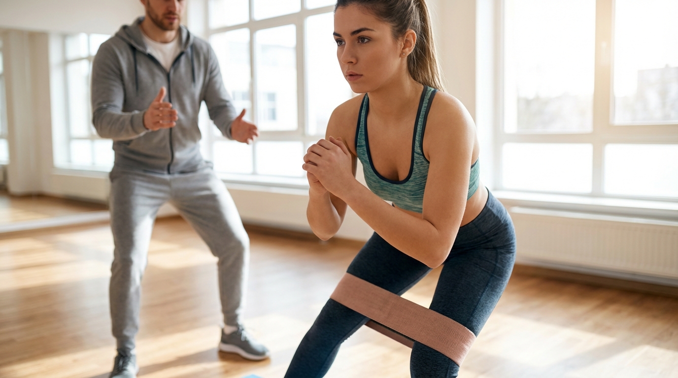 Noor naine teeb dünaamilist soojendust kummilindiga, valmistudes jõutreeninguks