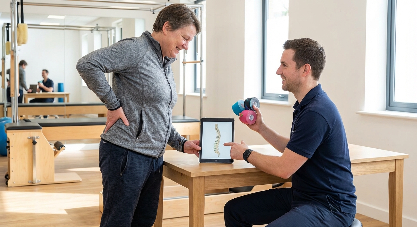 Keskealine patsient spordiriietes arutab füsioterapeudiga taastusravi ja kinesioteipimise võimalusi kliinikus