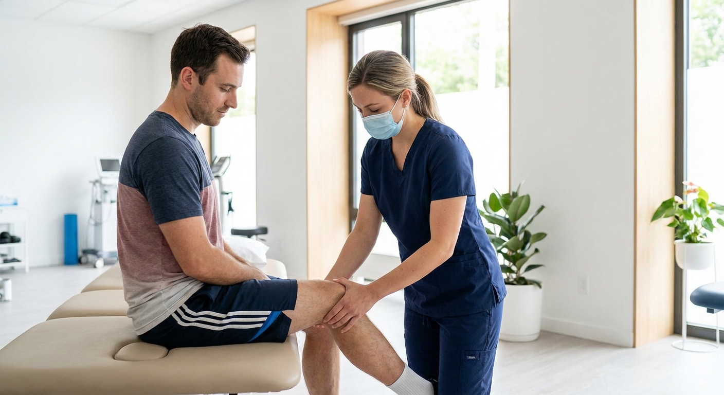 Füsioterapeut uurib patsiendi põlve kaasaegses kliinikus, et leida põlvevalu põhjus ja sobiv ravi