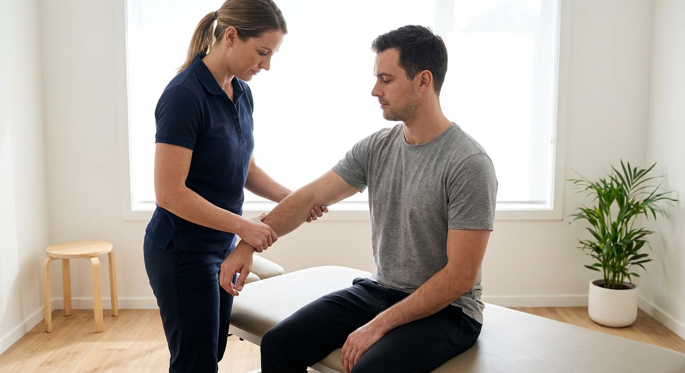 füsioterapeut hindab küünarnukki