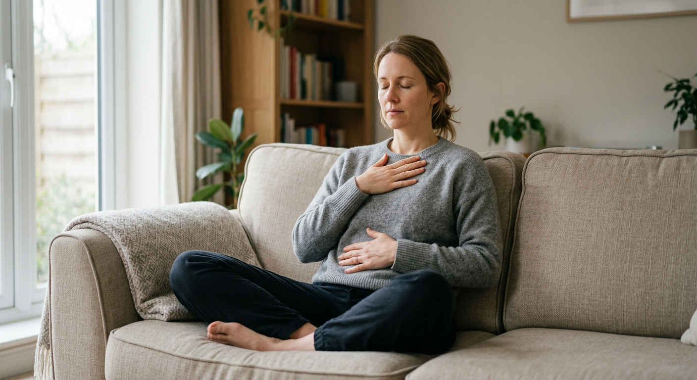 Kõhuhingamine diivanil kodus