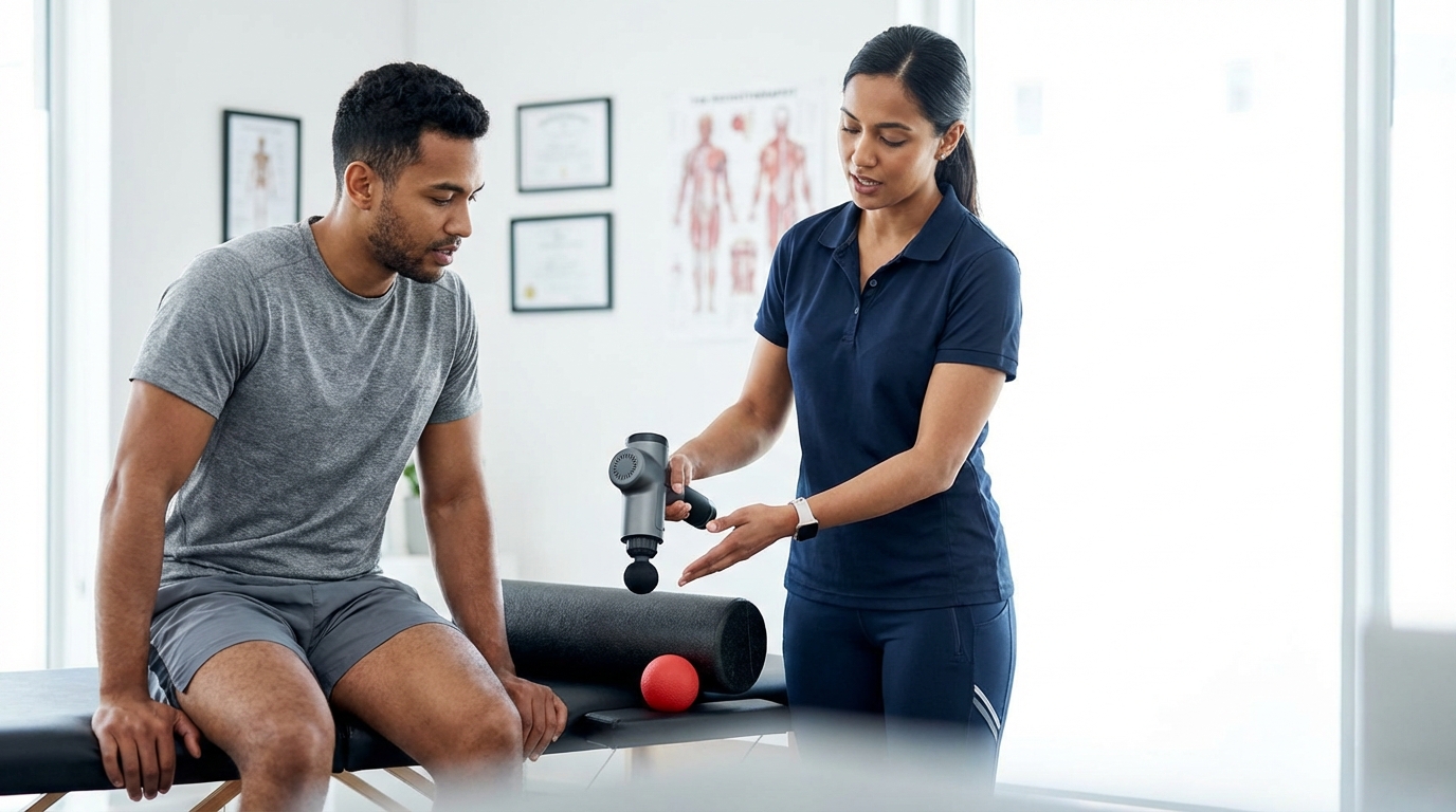 Füsioterapeut selgitab kaasaegses kliinikus patsiendile, kuidas massaažipüstolit ja vahurulli taastumiseks kasutada.