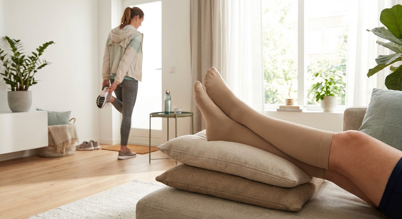 Täiskasvanu tõstab turses jalgu kodus kõrgemale ja kasutab kompressioonsokke turse vähendamiseks