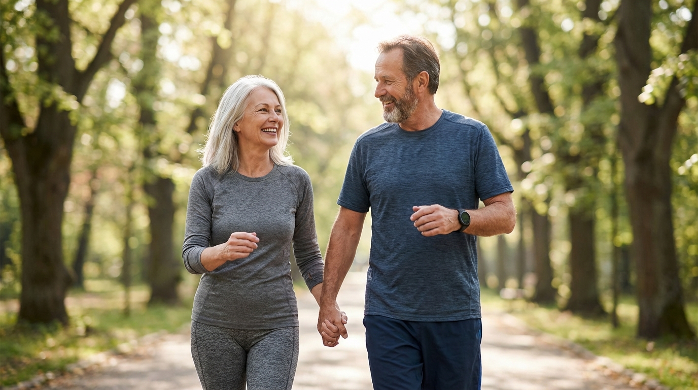 Aktiivne eakam paar jalutab käest kinni rohelises pargis, toetades vererõhku regulaarse liikumisega.